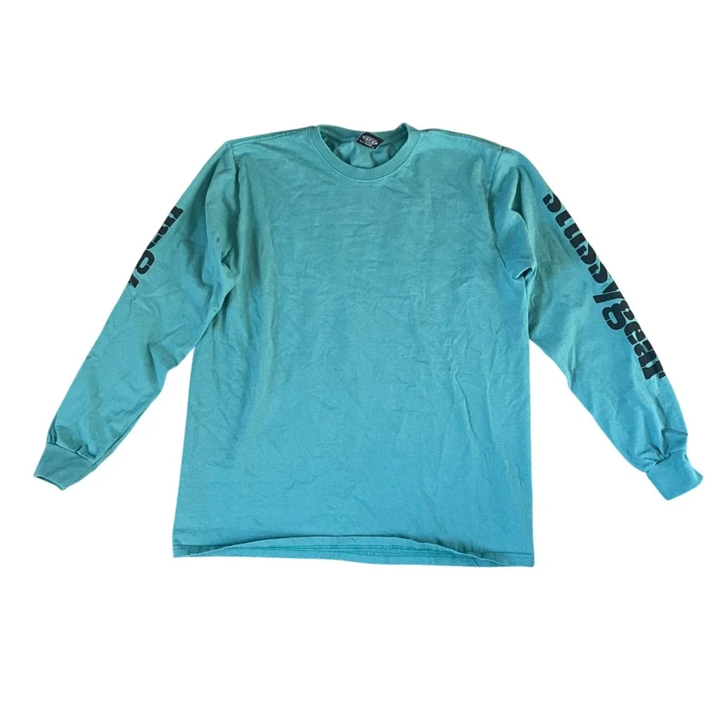 🔥 Stussy Long Sleeve Turquoise Blue Logo Skate Graphic Tee T Shirt • Men Size L